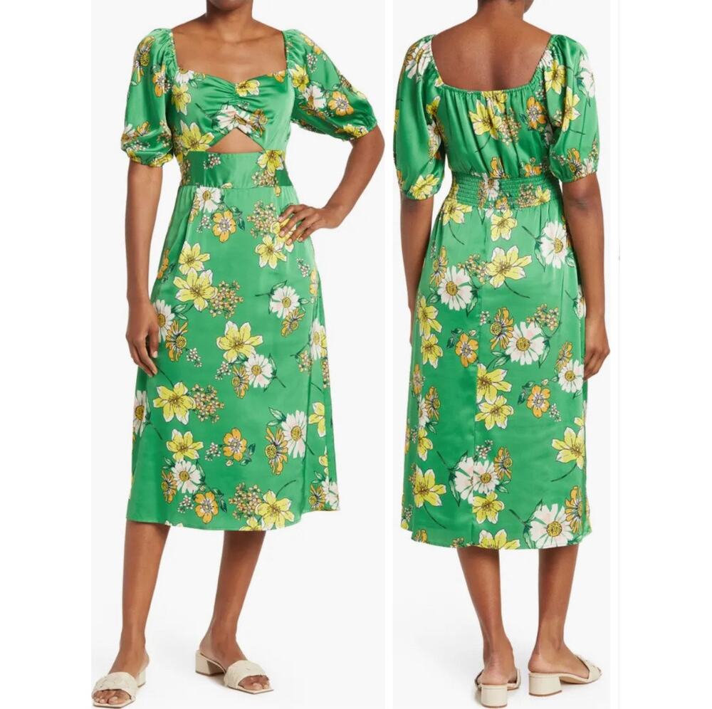 Collective Concepts Floral Puff Sleeve Cutout Midi Dress Green Yellow L